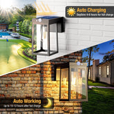 Solar wall light with auto charging and working features, shown in various outdoor settings.